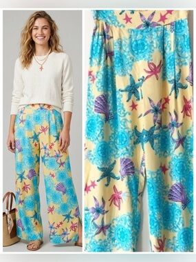 Vintage J. Harris 90s Starfish Shell Print Wide Leg Coastal Grandma Pants Size 6